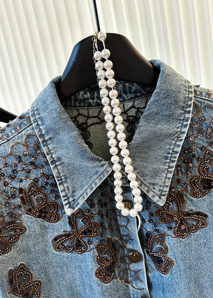Blue Embroidered Butterfly Denim Coats Spring