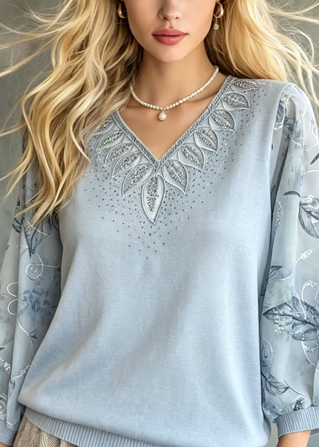 Blue Embroidered Zircon Knit Top Bracelet Sleeve