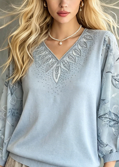 Blue Embroidered Zircon Knit Top Bracelet Sleeve