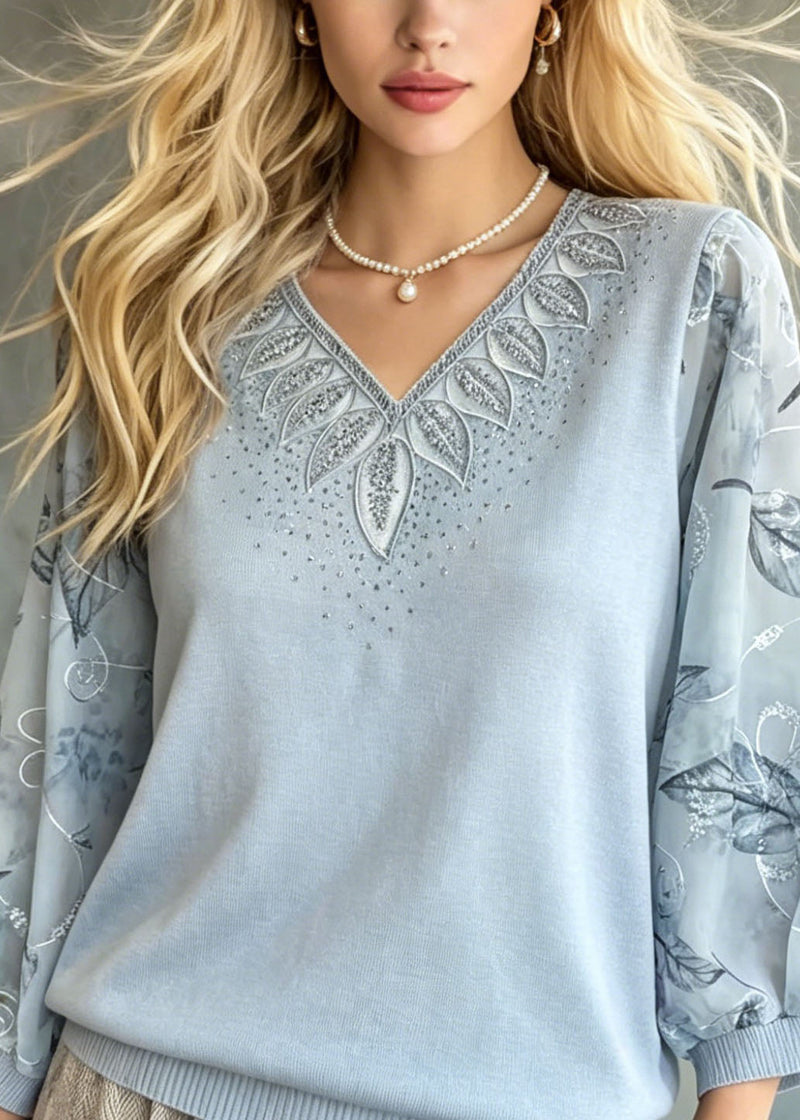 Blue Embroidered Zircon Knit Top Bracelet Sleeve