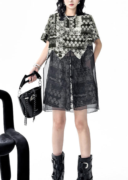 French Black O Neck Print Organza Two Pieces Set Summer
