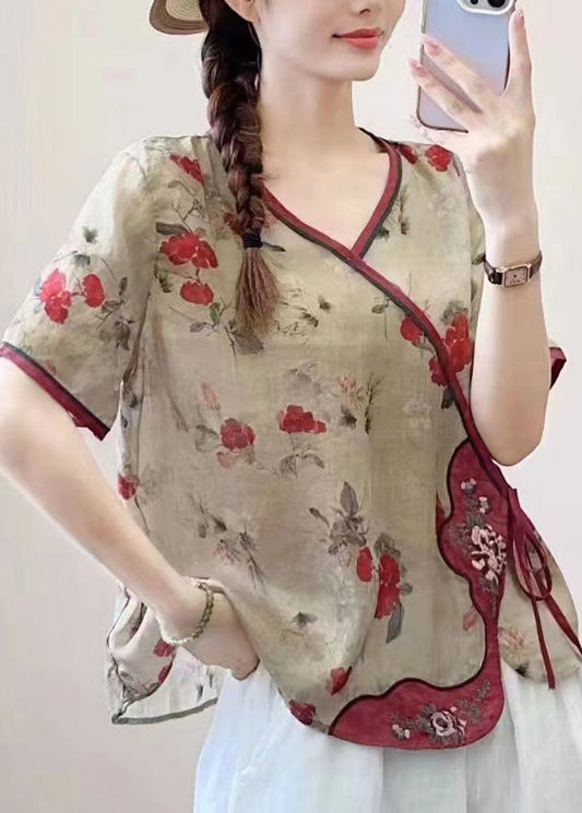 Khaki V Neck Print Lace Up Patchwork Linen Top Summer