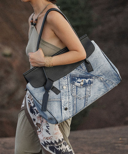 Denim Blue Patchwork Leather Large Capacity Shoulder Bags