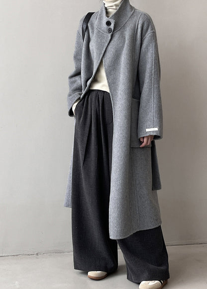 Italian Grey Stand Collar Pockets Tie Waist Woolen Coat Fall