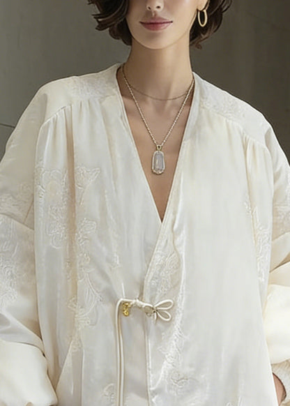 Chinese Style White Embroidered Duck Down Coats Winter