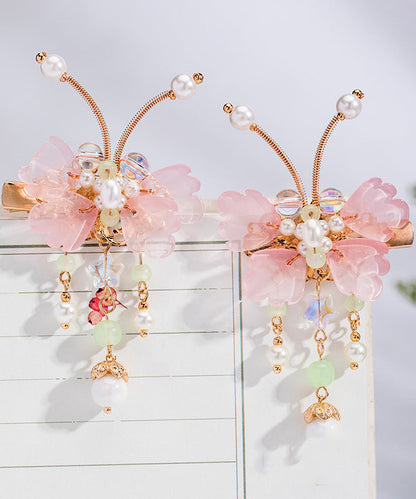 Pink Copper Alloy Pearl Butterfly Tassel Kids a Pair Hairpin