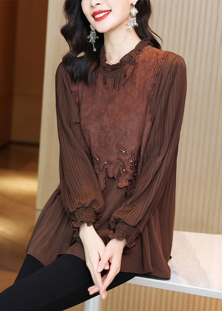 French Coffee Ruffled Patchwork Shirt Butterfly Sleeve Fall