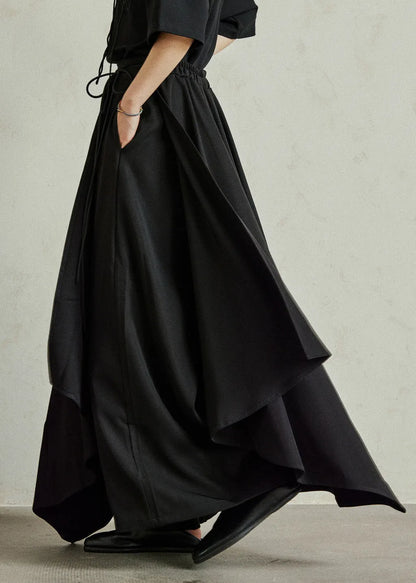 Black Asymmetrical Pockets Patchwork Elastic Waist Pants Skirt