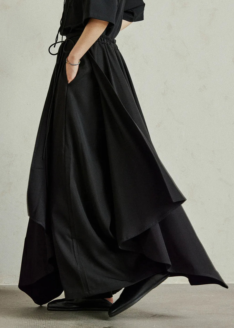 Black Asymmetrical Pockets Patchwork Elastic Waist Pants Skirt