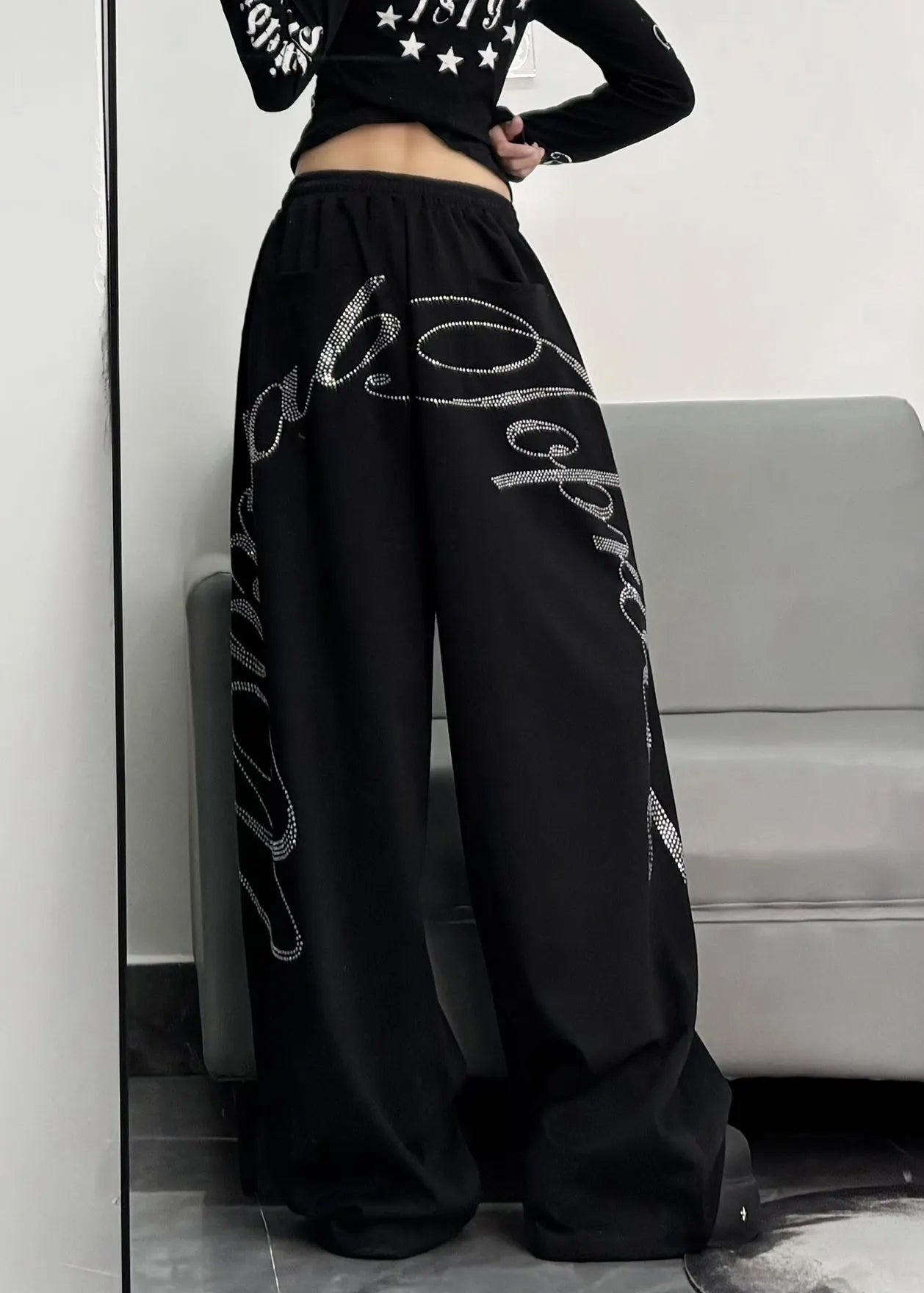 Black Oversized Letter Zircon Cotton Wide Leg Pants Spring