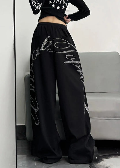 Black Oversized Letter Zircon Cotton Wide Leg Pants Spring