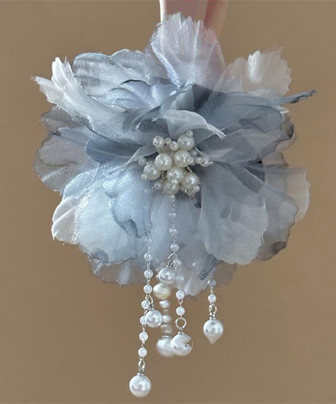 Gradient Color Blue Tulle Pearl Tassel Hairpin