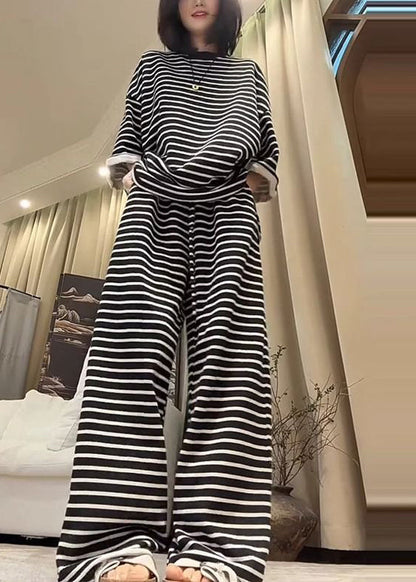 Black Oversized Striped Cotton Two Pieces Set Fall