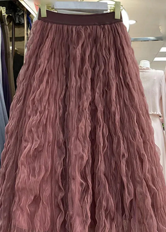 Rose High Waist Wrinkled Tulle Maxi Skirts Spring