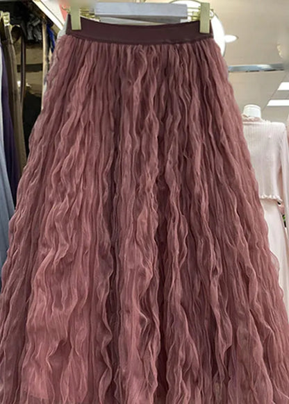 Rose High Waist Wrinkled Tulle Maxi Skirts Spring