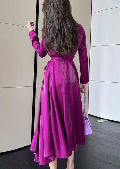 Rose V Neck Tie Waist Silk Long Dress Spring