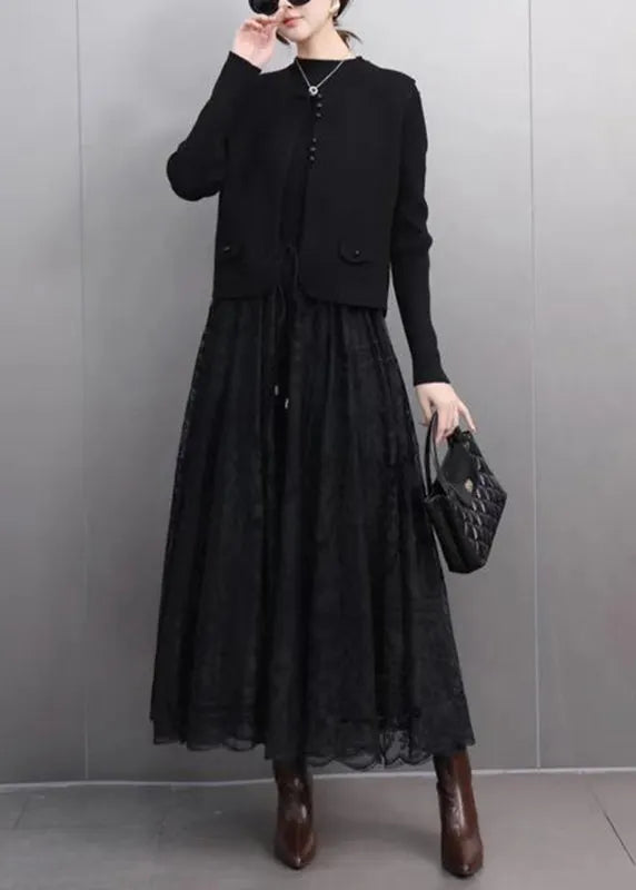 Black Button Waistcoat and a Line Skirts Lace Two Pieces Set Spring