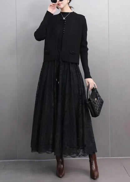 Black Button Waistcoat and a Line Skirts Lace Two Pieces Set Spring
