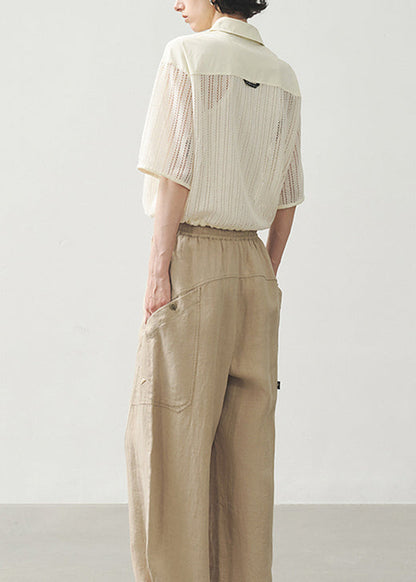 Beige Zippered Hollow Out Coat Short Sleeved