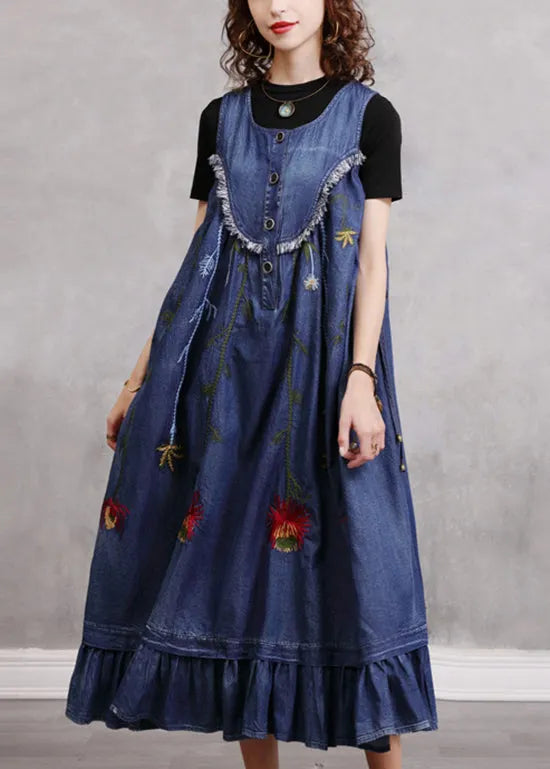 Blue O-neck Ruffled Embroideried Patchwork Cotton Denim Dress Sleeveless