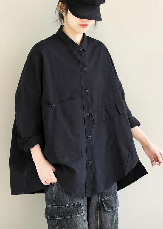 Unique Lapel Asymmetric Blouse Sewing Black Shirt