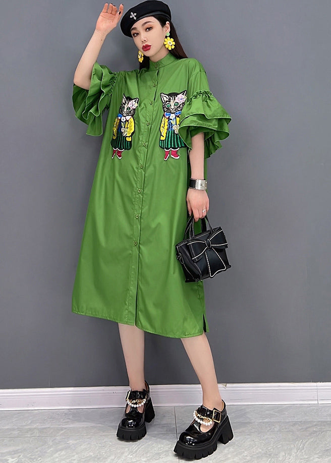 Green Stand Collar Cat Embroideried Shirt Dress Ruffles Sleeve