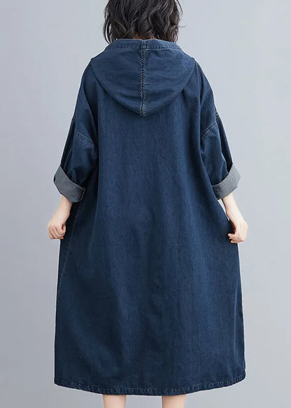 Denim Blue Hooded Pockets Denim Long Dress Spring