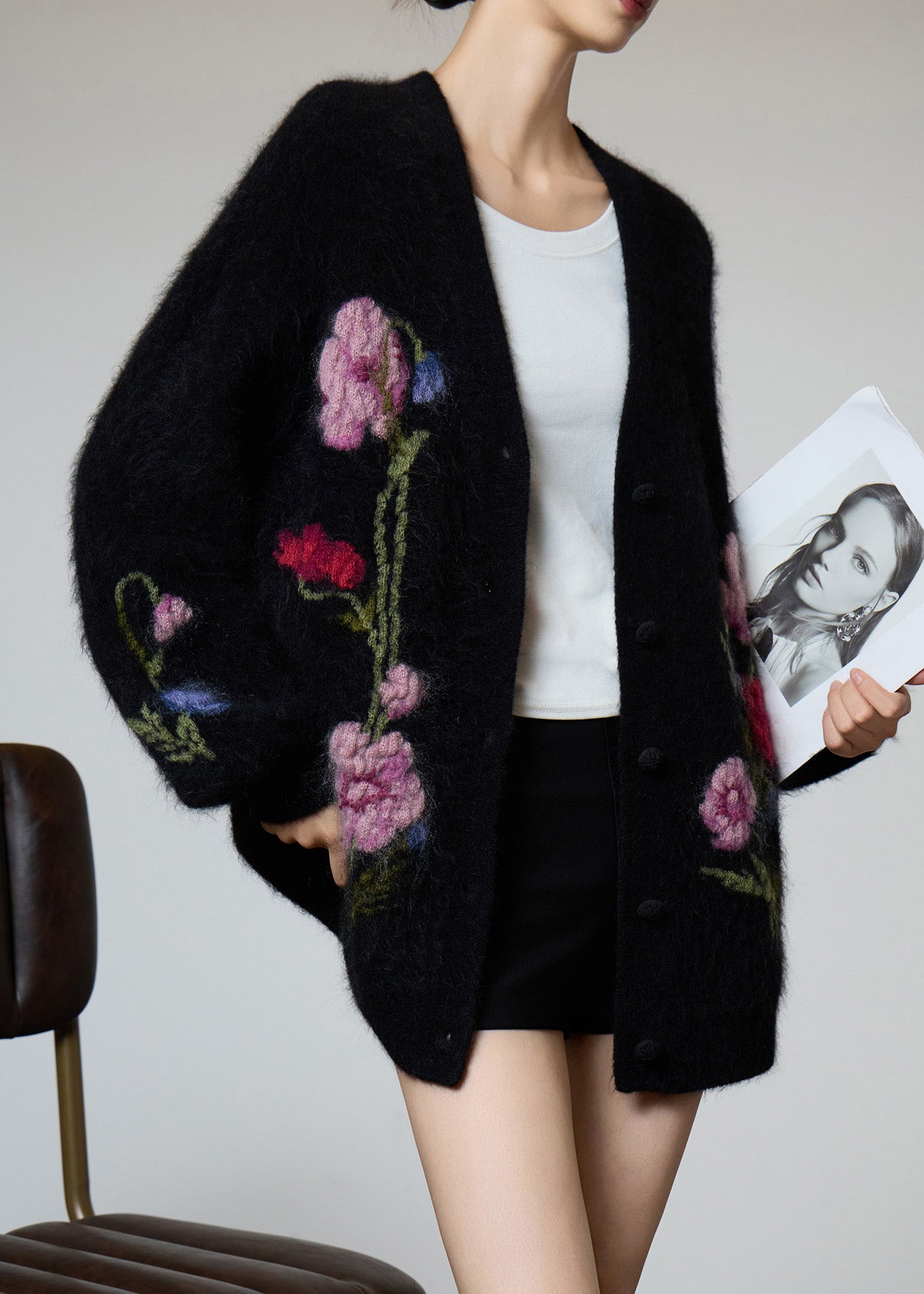 Black V Neck Embroidered Knit Coat Fall