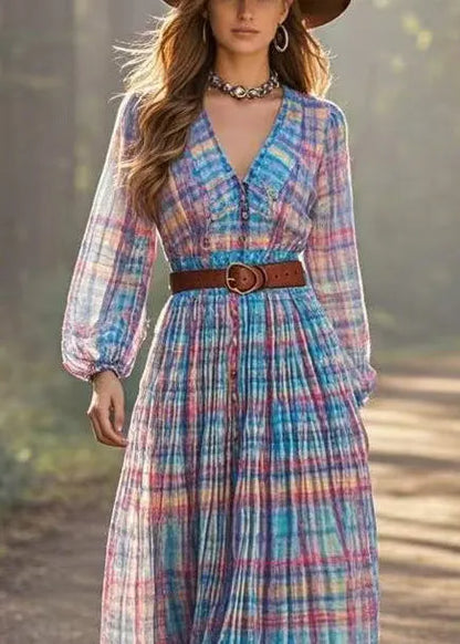 Rainbow Cinched Plaid Cotton Dresses Spring