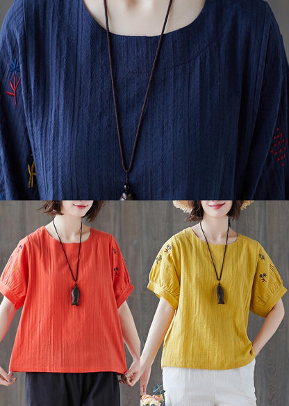 Navy Embroideried Cotton Linen T Shirts Summer