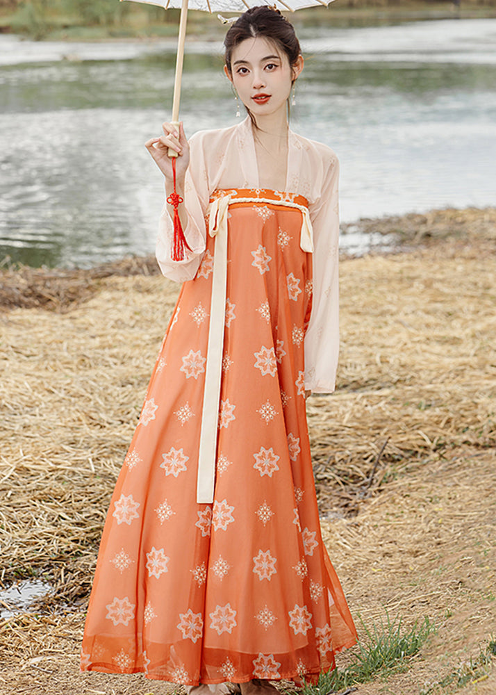 Orange Print Lace Up Wrinkled Patchwork Chiffon Two Pieces Set Fall