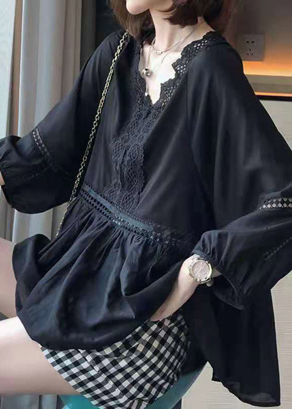 Black V Neck Hollow Out Patchwork Lace Shirt Three Quarter Sleeve