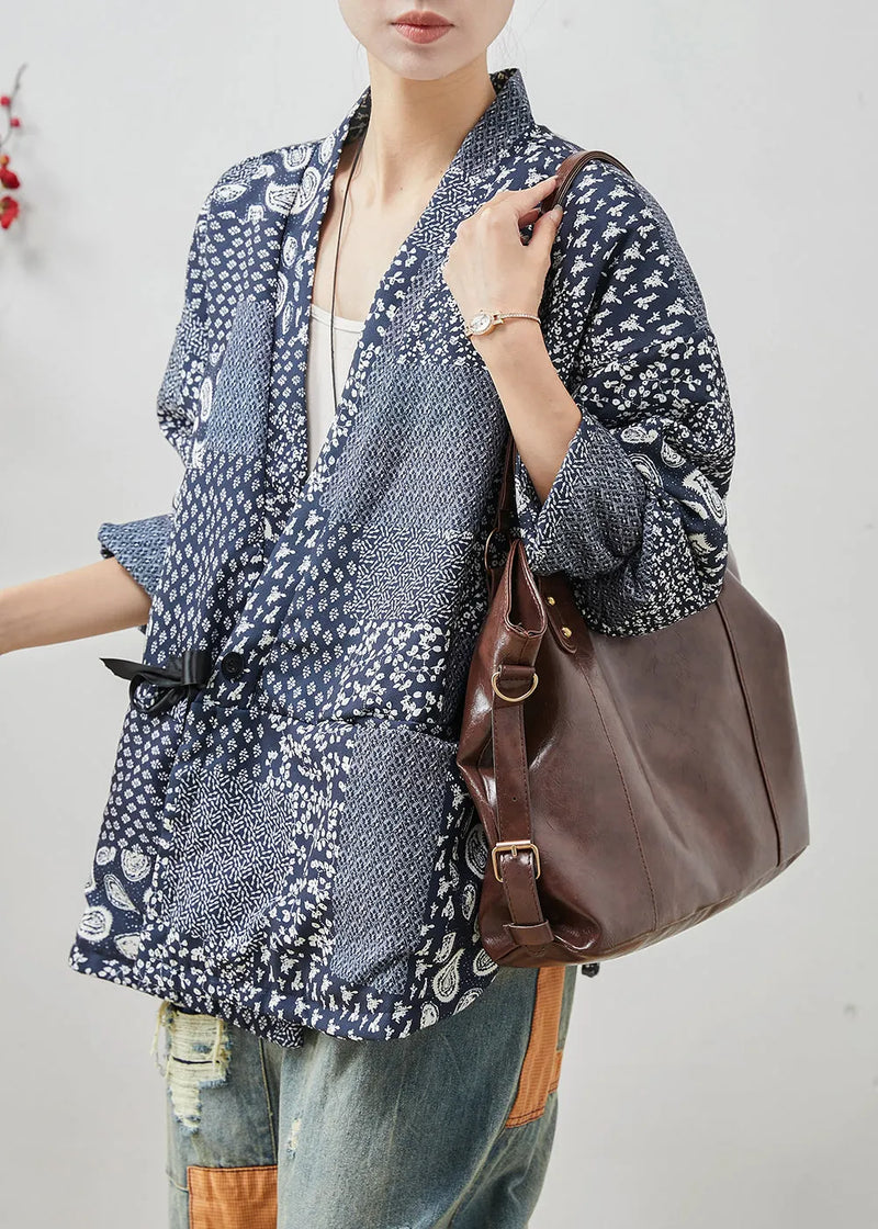 Navy Oversized Print Linen Coat Spring