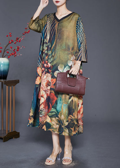 Green V Neck Print Silk a Line Dresses Bracelet Sleeve