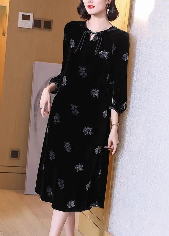 French Black Button Print Silk Velour Long Dresses Spring