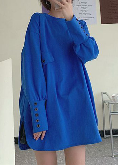 Blue O Neck Side Open Cotton Tops Fall