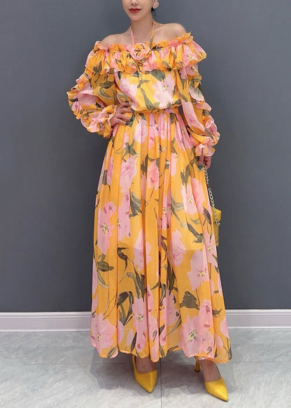 Blue Cold Shoulder Ruffled Patchwork Chiffon Dresses Long Sleeve