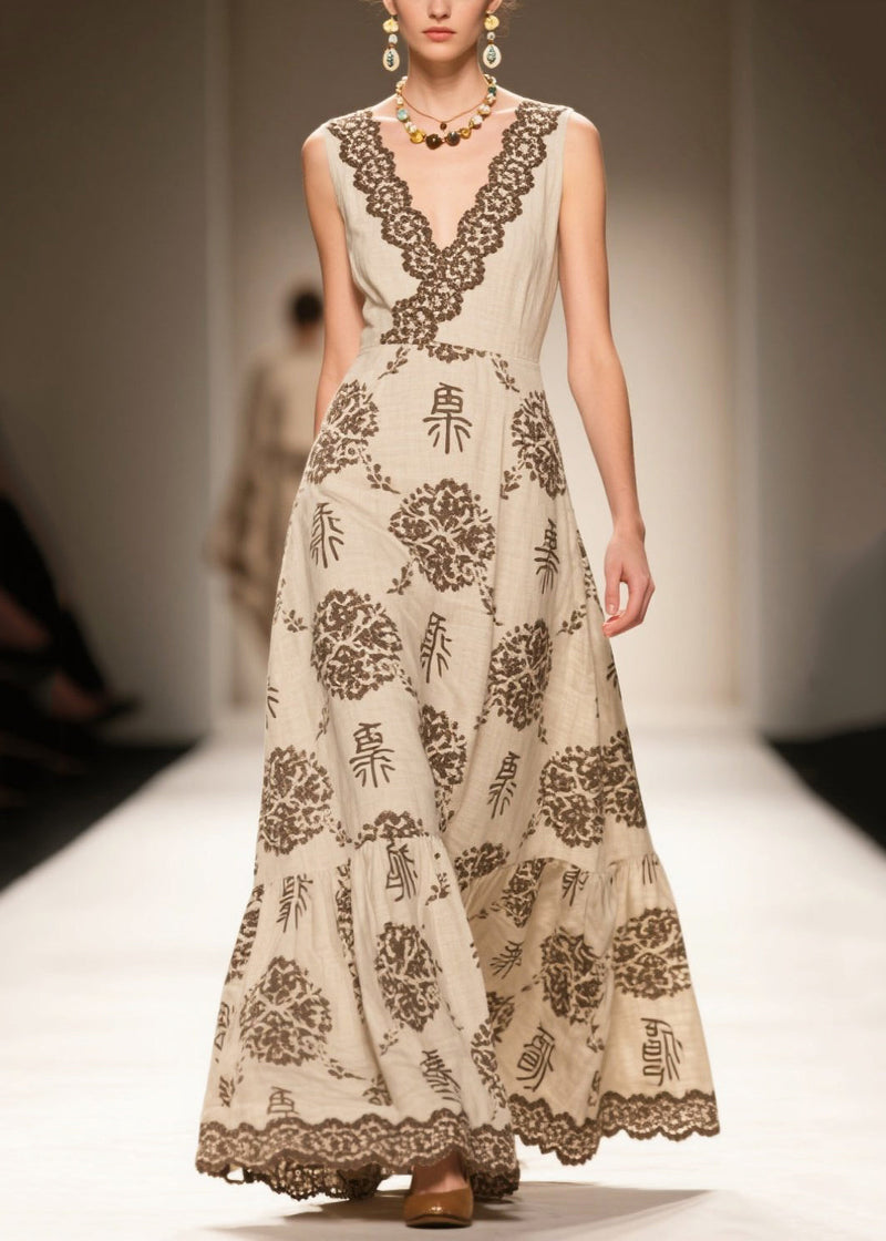 Simple Apricot V Neck Print Linen Holiday Dress Sleeveless