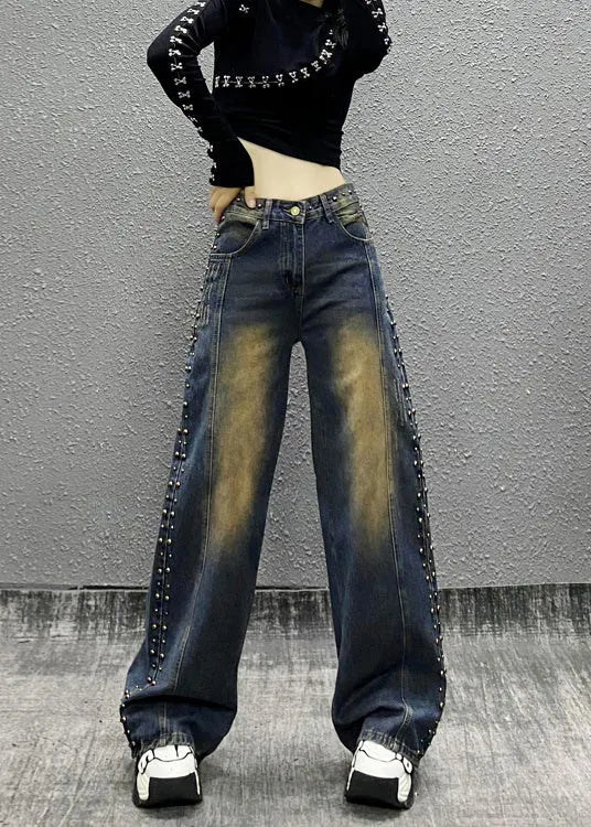Blue Pockets Rivet High Waist Denim Wide Leg Pants Fall