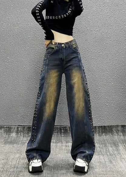 Blue Pockets Rivet High Waist Denim Wide Leg Pants Fall