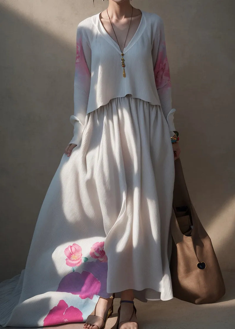 Loose Beige V Neck Print Fake Two Pieces Silk Maxi Dress Fall