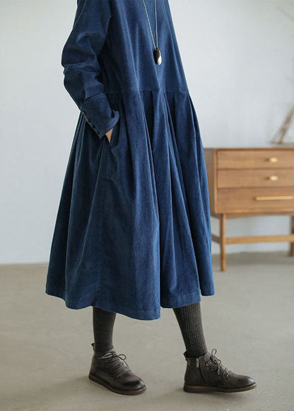 French Blue Corduroy Dress Pockets Button Patchwork Fall Dresses