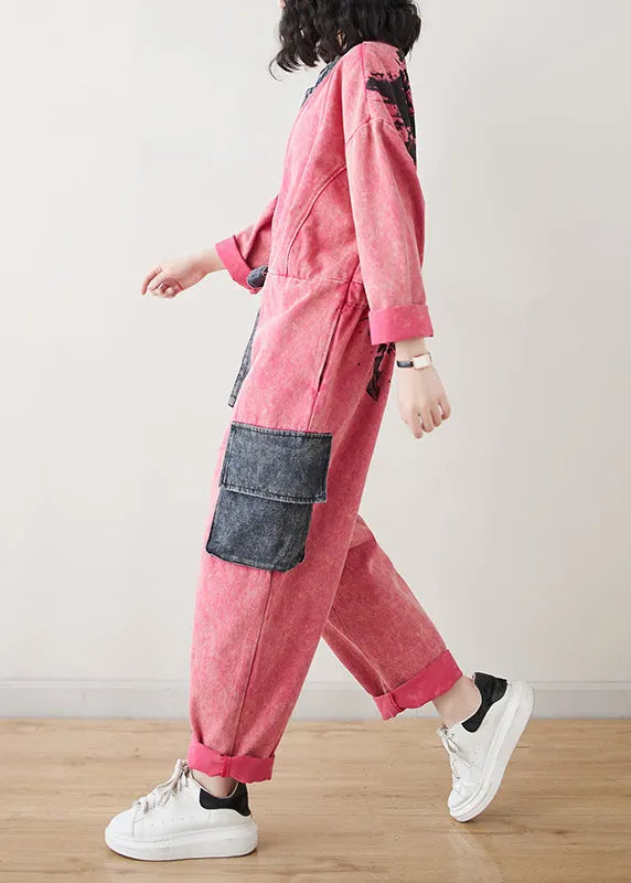 Fitted Red O-neck Patchwork Tie Waist Jumpsuit Spring