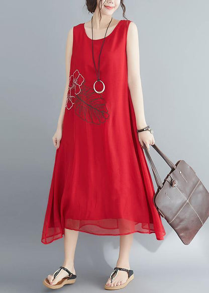 Buy Red Cotton Blended Robes Shirts Sleeveless Embroidery Long Summer Dress