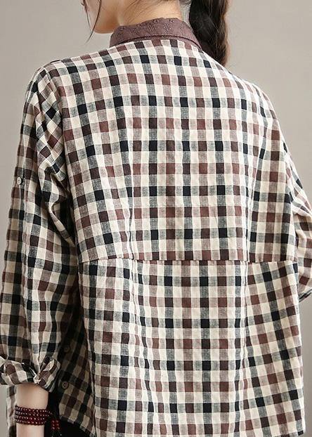 Style Chocolate Plaid Shirts Lapel Patchwork Vestidos De Lino Spring Shirts
