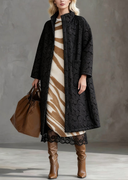 Black Jacquard Zippered Pockets Cotton Filled Long Coats