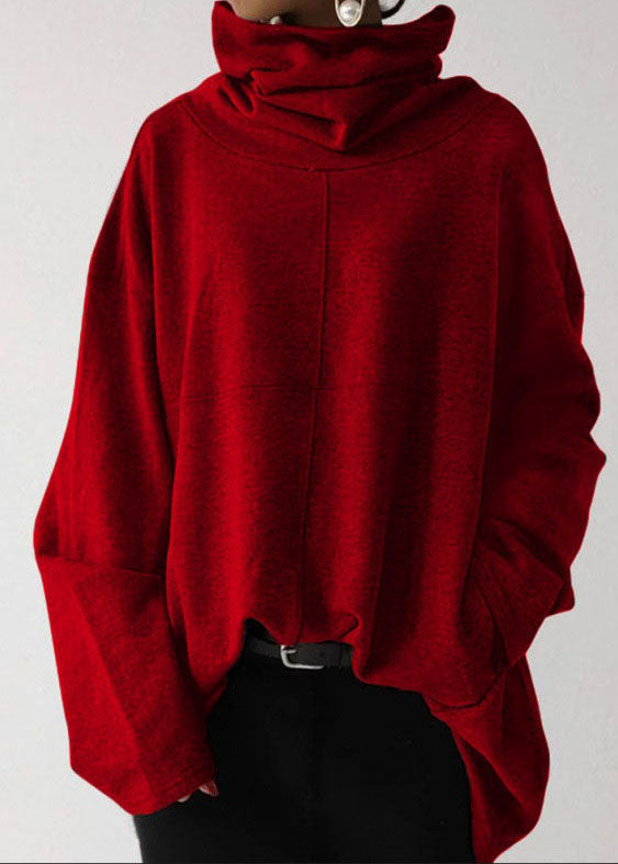 Loose Grey Hign Neck Patchwork Cotton Pullover Spring