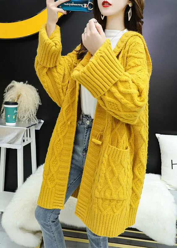Yellow Hooded Pockets Loose Fall Knit Sweater Coat