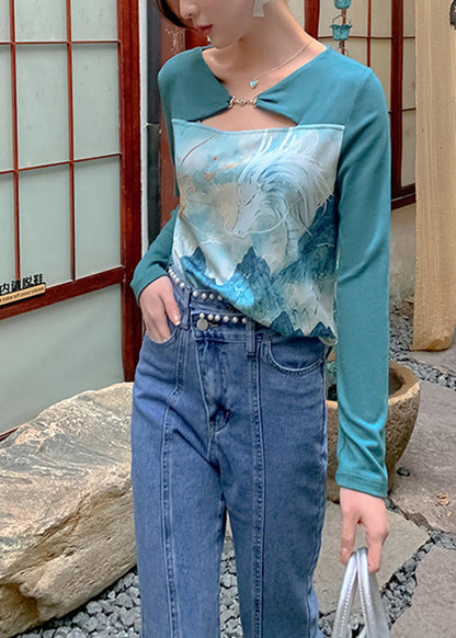 Blue O-neck Asymmetrical Print Top Long Sleeve