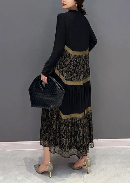 Black V Neck Tulle Patchwork Wrinkled Long Dress Spring